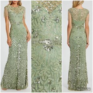 MAC DUGGAL 4908 Green High Neck Sleeveless Beaded Fringe Fitted Gown